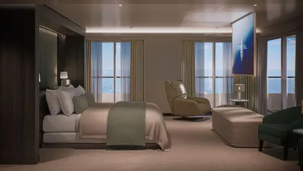 A rendering of the bedroom in Crystal's first owner's suite, coming to the Crystal Grace.