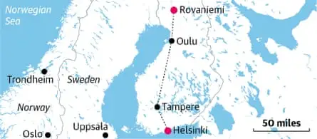 Route of the Santa Claus Express train relative to other countries and cities. Map