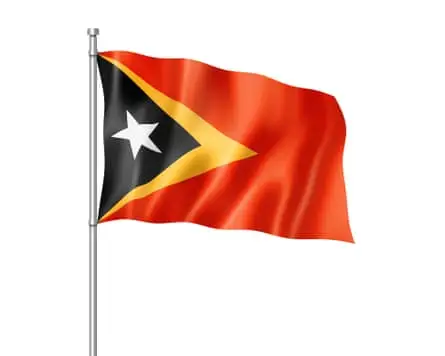 A flag with a red field with a black isosceles triangle based on the hoist-side bearing a white five-pointed star in the centre superimposed on a larger yellow triangle, also based on the hoist-side, that extends to the centre of the flag