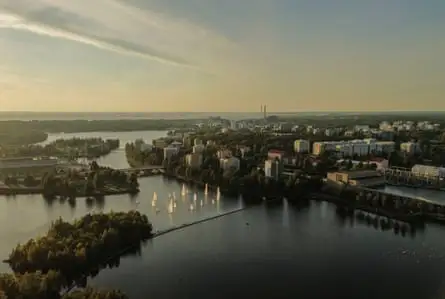 A view of the city surrounded by water