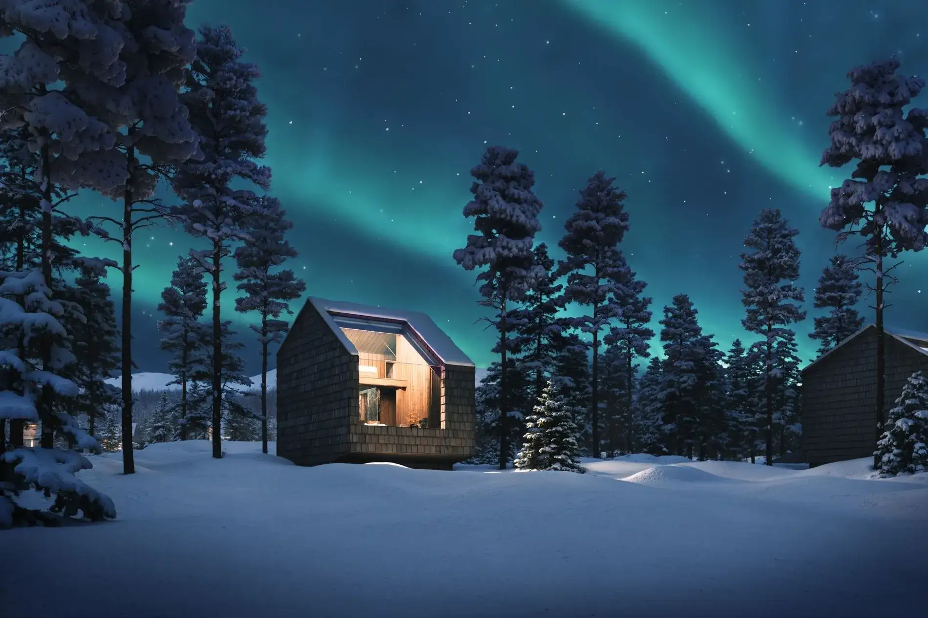 Die Sky Villas sind mit verglasten Dach- und Wandflächen gestaltet, um den Blick auf Himmel, Wälder und Schneelandschaften zu öffnen. Sie gehören zu den 20 separaten Villeb des Resorts.