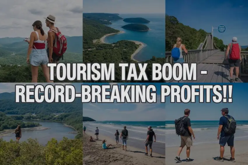A composite image showing a mix of scenic us tourism hotspots from sevier, muskegon, thurston, and chatham counties, with tourists engaging in activities like hiking, beach fun, and sightseeing, overlaid with bold, eye-catching text such as "tourism tax boom - record-breaking profits! "