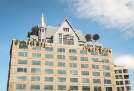 A tower block with turreted house on top