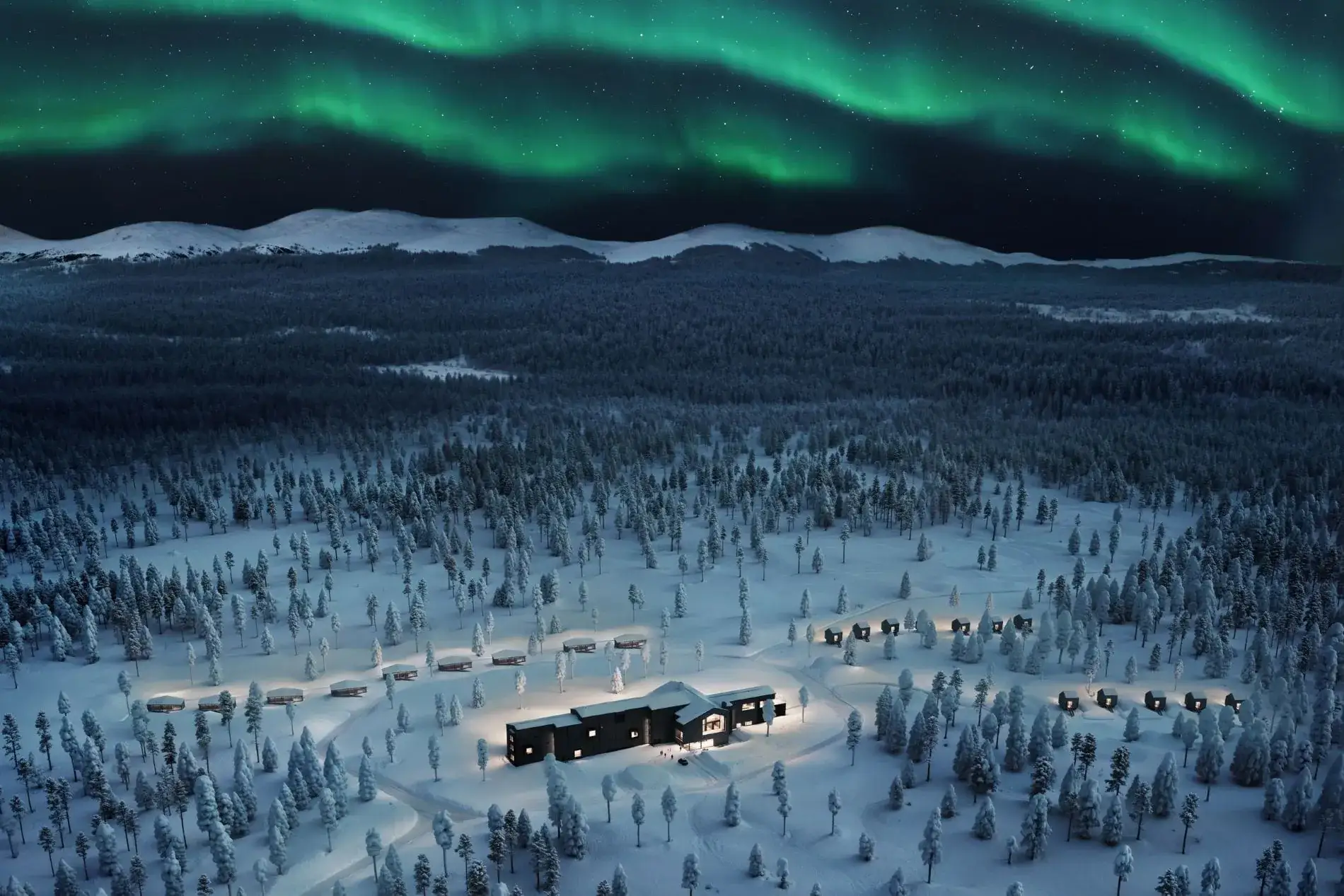 Die Luftaufnahme zeigt das Arcora Boutique Hotel & Villas in seiner Lage am Rand des Pallas–Yllästunturi-Nationalparks.