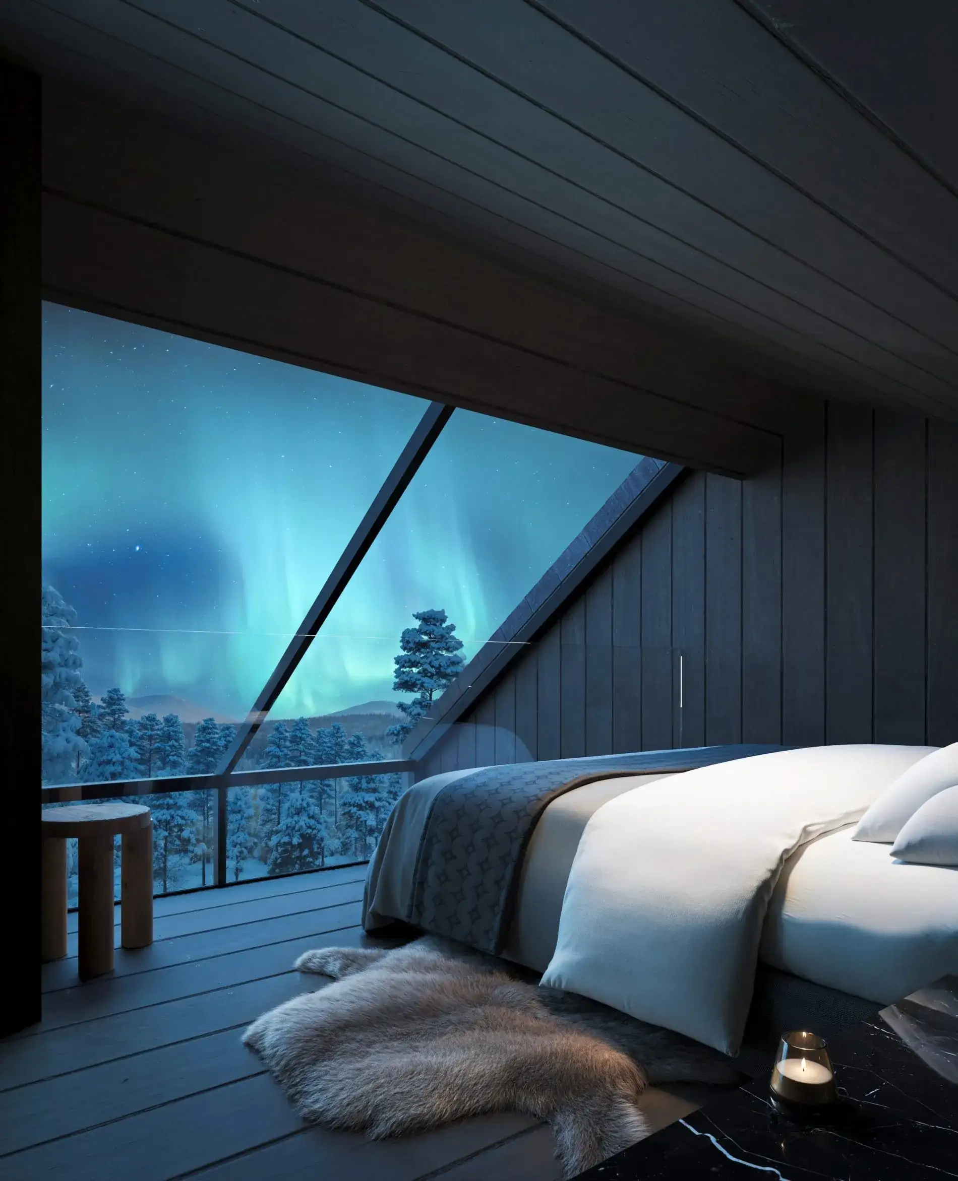 Die Sky Villa Antti ist mit verglasten Dachflächen ausgestattet, die Sicht auf Sternenhimmel und Polarlichter ermöglichen.