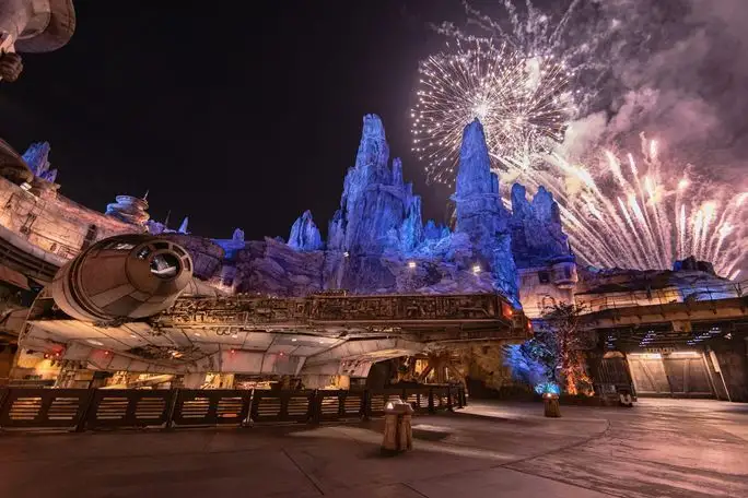 “Fire of the Rising Moons” nighttime spectacular at Disneyland's Star Wars: Galaxy’s Edge.